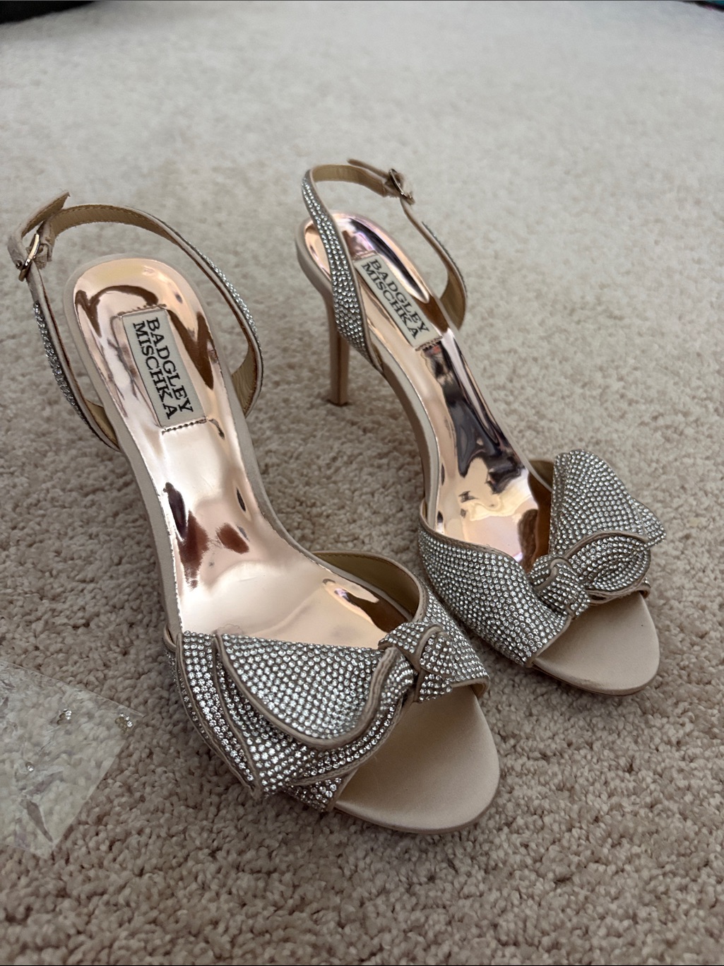 Badgley Mischka Champagne Crystal Bow Slingback Heels